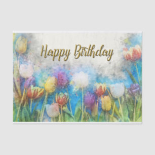Papier Mousseline Bonne aquarelle d'anniversaire Fleurs de tulipes A