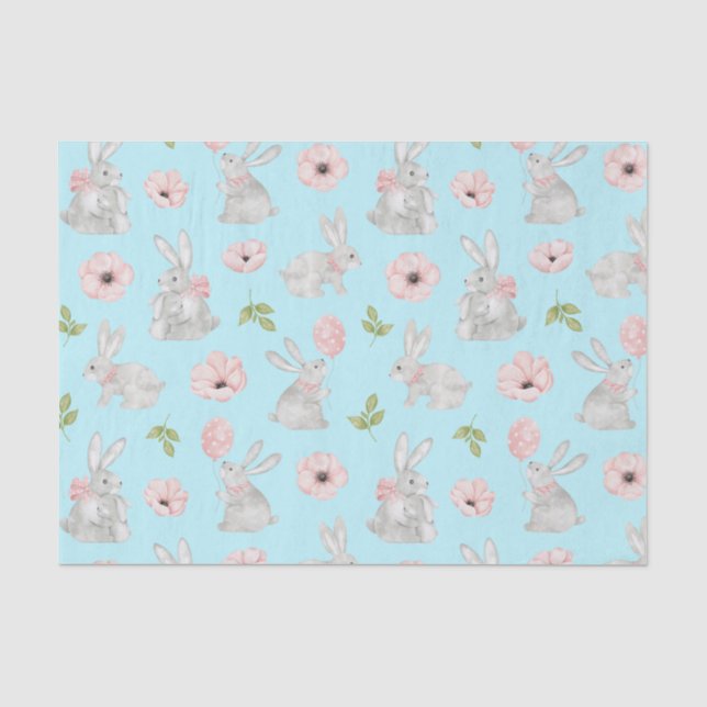 Papier Mousseline Bonnets de Pâques et fleurs de printemps Bleu (Recto)