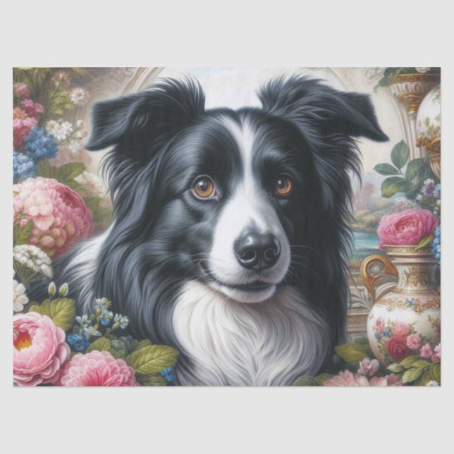 Papier Mousseline Bordure Collie avec Fleurs Papier Tissu (Recto)