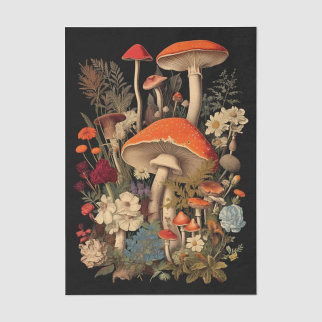 Papier Mousseline Botanical Mushrooms & Flowers on Black Background (Recto)