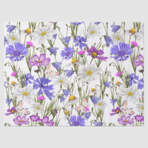 Papier Mousseline Botanique Fleur sauvage blanche, bleue et violette