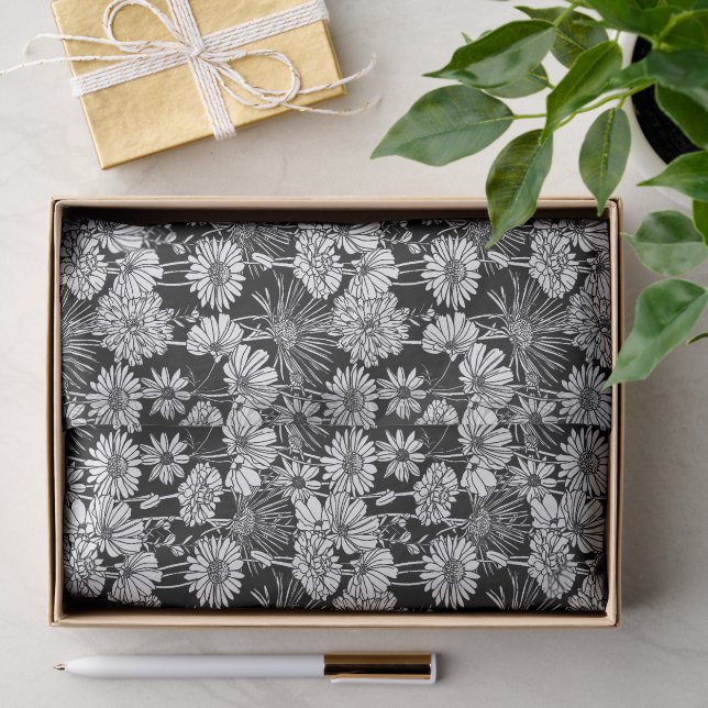 Papier Mousseline Botanique Noir Blanc Daisies Floral Art Motif (Cadeau)