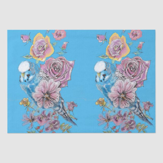 Papier Mousseline Bougie bleue Rose motif floral papier de tissus bl (Recto)