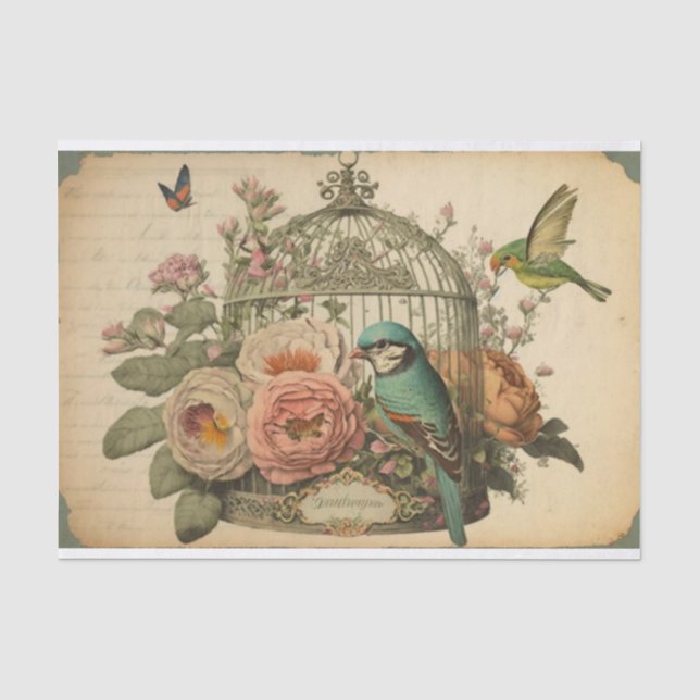 Papier Mousseline Bouleau vintage Oiseaux découpage fleuri vert (Recto)