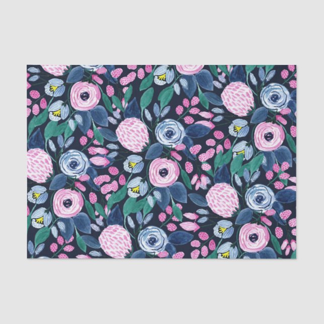 Papier Mousseline Bouquet d'aquarelle bleu marine rose (Recto)
