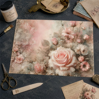 Papier Mousseline Bouquet de roses roses pastel découpage antique