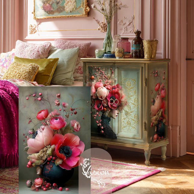 Papier Mousseline Bouquet Whimsical Vibrant rose floral (Whimsical Bouquet, Vibrant Pink Vase and Floral Decoupage Tissue Paper.)