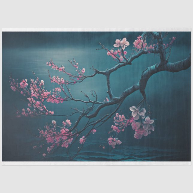 Papier Mousseline Branche de fleurs de cerisier rose, Chinoiserie (Recto)