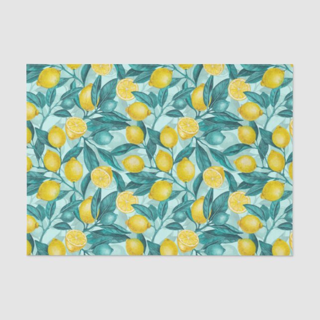 Papier Mousseline Branches de citron bleu et jaune (Recto)