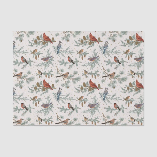 Papier Mousseline Branches d'oiseaux et de pins d'hiver Motif (Recto)