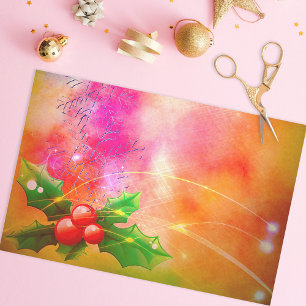 Papier Mousseline Branches Holly avec baies rouges Noël rêvé