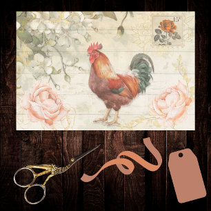Papier Mousseline Brick Red Green Rooster Farmhouse Chic avec Rose