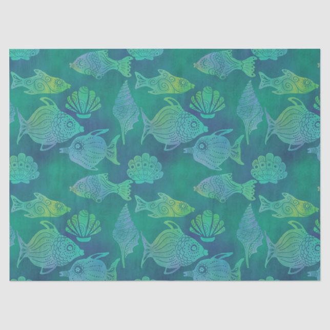 Papier Mousseline Bright Green Fish and Shell Decoupage  (Recto)