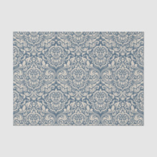 Papier Mousseline Brocade baroque bleu Damas sur Découpage blanc
