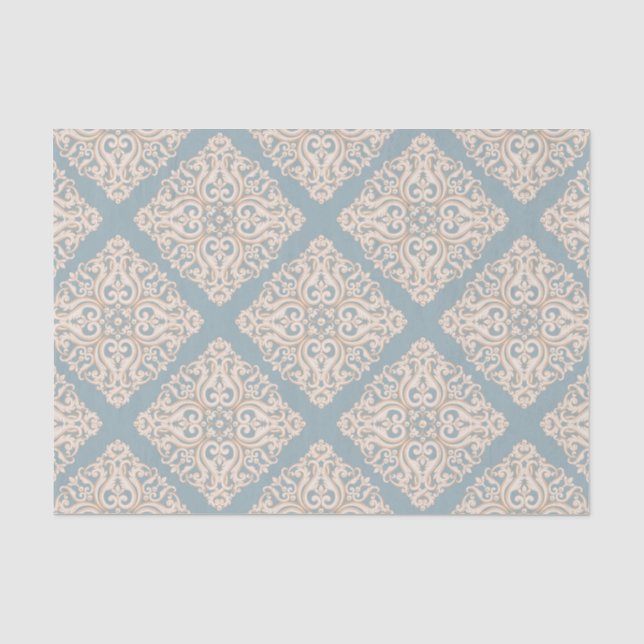 Papier Mousseline Brocade baroque Damask sur Découpage bleu poudre (Recto)