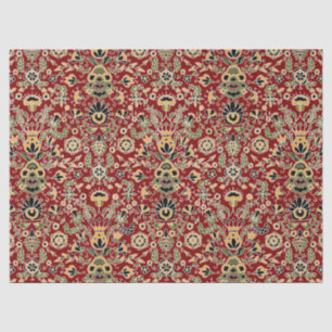 Papier Mousseline Broderie folle Jaune, Vert, Noir sur Rouge profond