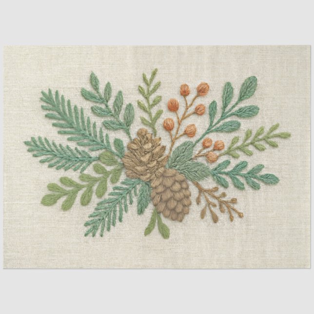 Papier Mousseline Broderie Noël Floral Sprig Pinecone (Recto)