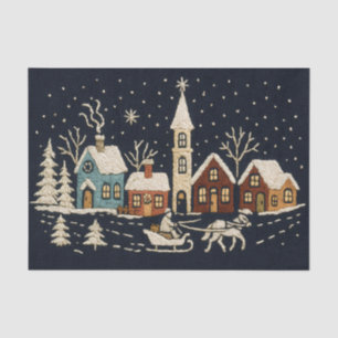 Papier Mousseline Broderie Noël Snowy Village Scène Bleu