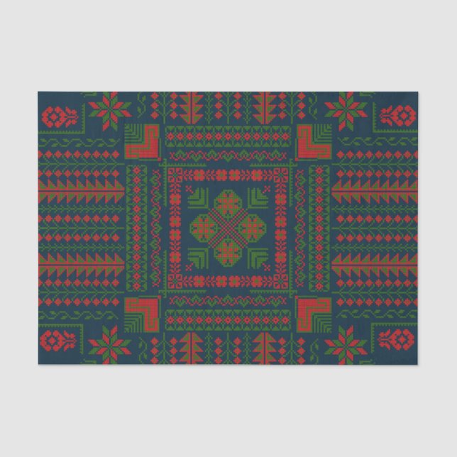 Papier Mousseline Broderie palestinienne Tatreez rouge vert 5 Motif (Recto)