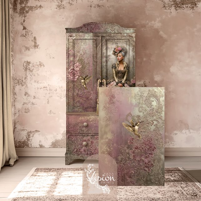 Papier Mousseline Bronze Blush, Gold Hummingbird, Embossed Floral (Bronze Blush Gold Hummingbird, Flower Embossed Patina, Metallic Effects Decoupage Tissue Paper)