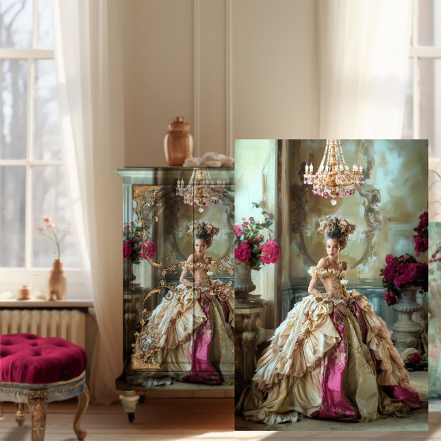 Papier Mousseline Brown Mary Antoinette Style Haut de gamme Portrait (Mary Antoinette inspired, High end bouffant French fashion, Brown Beauty Portrait Art, decoupage )