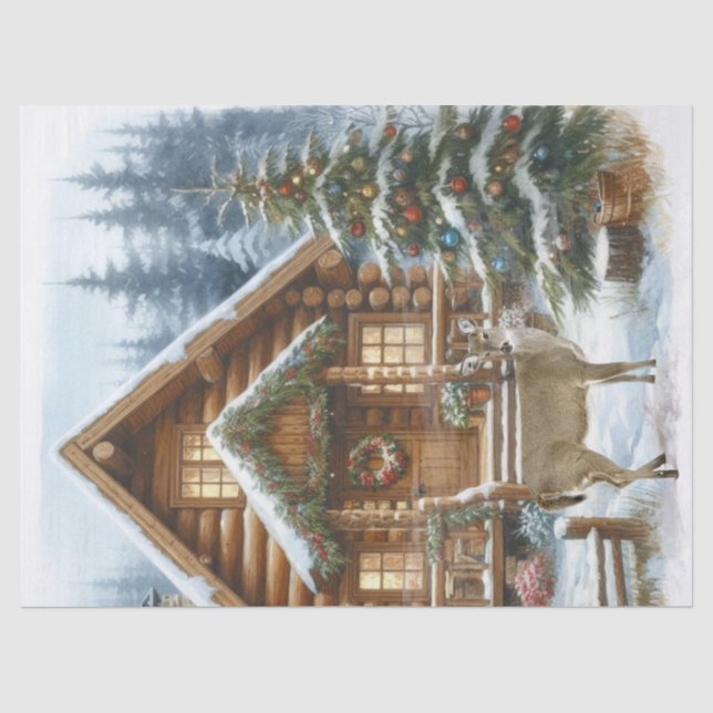 Papier Mousseline Cabine de Noël en hiver avec cerf (Recto)