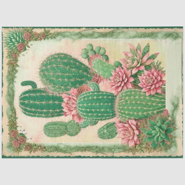 Papier Mousseline Cactus Ephemera Fleur Rose Collage Art No3 (Recto)