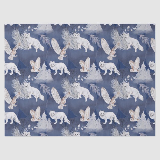 Papier Mousseline Cadeau de Noël rustique renard et hibou d'hiver (Recto)