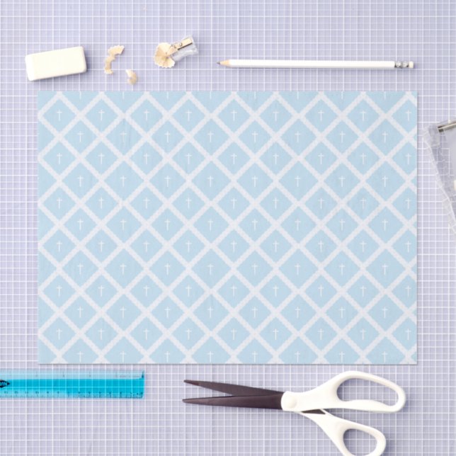 Papier Mousseline Cadeau religieux à motif croix bleu clair  (Artisanat)