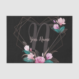 Papier Mousseline Cadre géométrique floral rose nom monogramme noir
