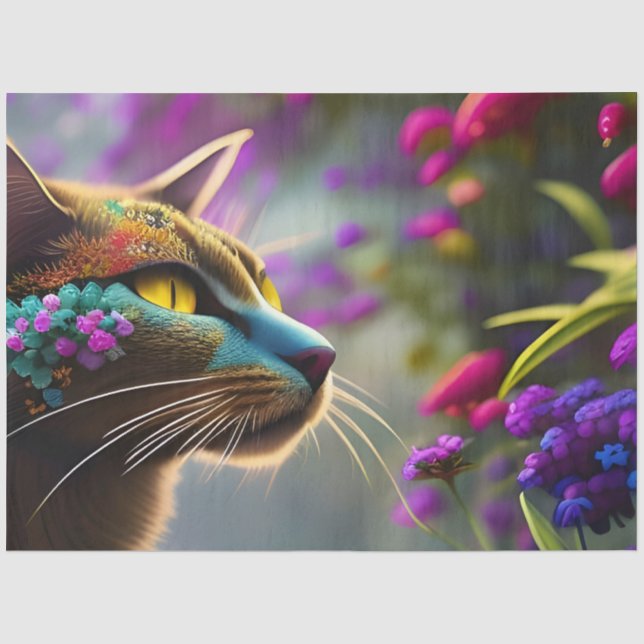 Papier Mousseline Calico chat à fleurs bleues, Imaginaire (Recto)