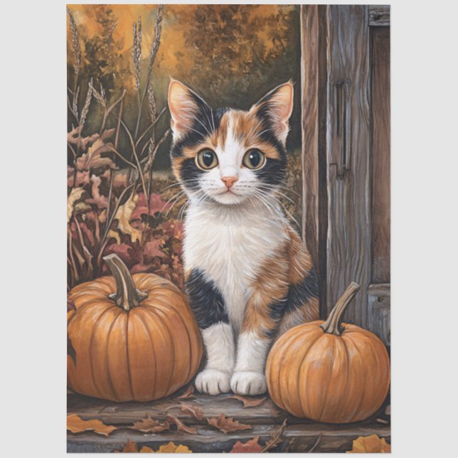 Papier Mousseline Calico Kitten Assis Entre Les Feuilles D'Automne D (Recto)