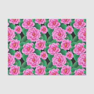 Papier Mousseline Camellias rose Fuchsia et Feuilles verts Jade