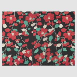 Papier Mousseline CAMELLIAS ROUGES, FEUILLES BLANCS VERTS NOIR Flora