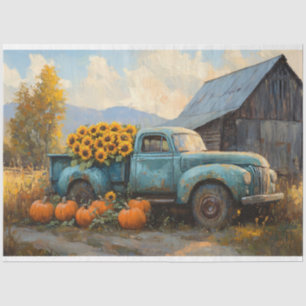 Papier Mousseline Camion bleu rustique avec Citrouilles et tournesol