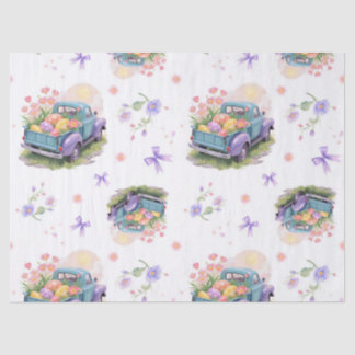 Papier Mousseline Camion Rétro Sarcelle et Violet avec Œufs de Pâque