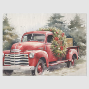 Papier Mousseline Camion rouge rustique avec arbres de Noël neigeux