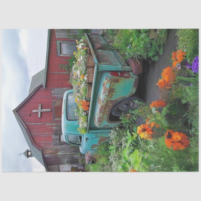 Papier Mousseline Camion Turquoise de découpage chargé avec Fleurs G (Recto)