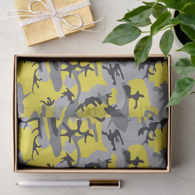 Papier Mousseline Camouflage jaune et gris, Militaire, Armée (Cadeau)
