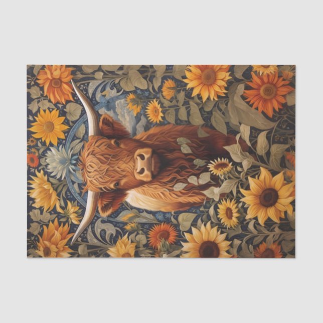 Papier Mousseline Campagne rustique Highland Cow Sunflowers (Recto)