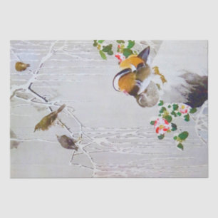 Papier Mousseline Canard Mandarin en scène de neige, Watanabe Seitei