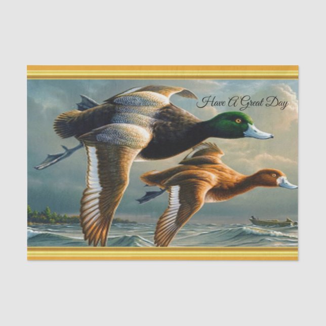 Papier Mousseline Canards volant au-dessus de la mer avec un petit (Recto)