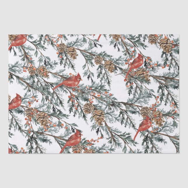 Papier Mousseline Cardinal Rouge Branches de genièvres Berries Papie (Recto)