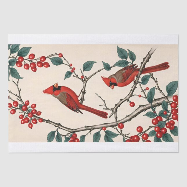 Papier Mousseline Cardinaux et baies rouges (Recto)