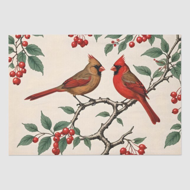 Papier Mousseline Cardinaux et baies rouges (Recto)