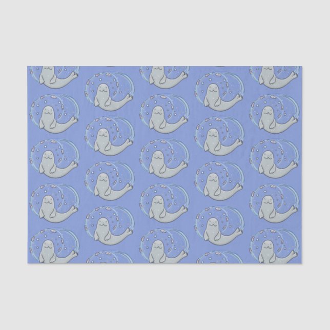 Papier Mousseline Caricature joyeux de phoque et de poisson bleu (Recto)