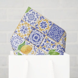 Papier Mousseline Carreau d'eau méditerranéen à motif de citron