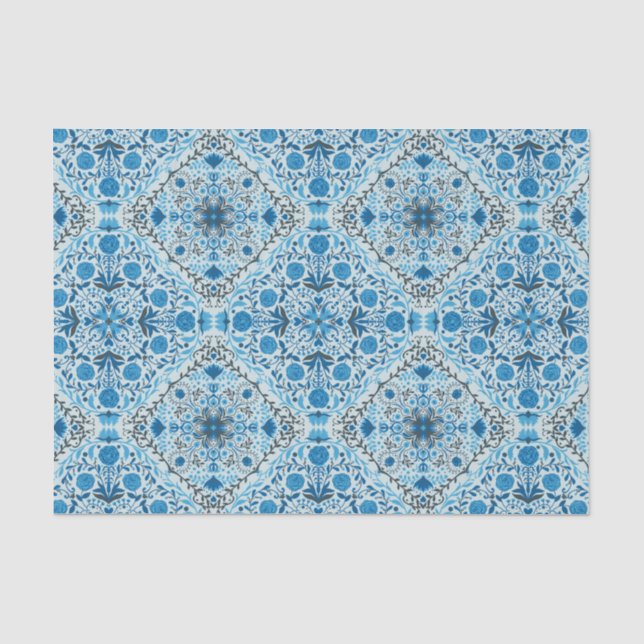 Papier Mousseline Carreaux à fleurs bleus (Recto)