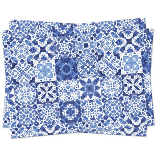 Papier Mousseline Carreaux Bleus Bleu Méditerranéen Motif Aquarelle