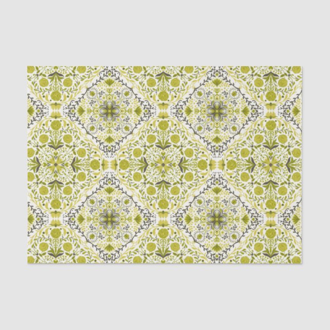 Papier Mousseline Carreaux de fleurs en vert (Recto)